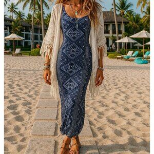 Volcom XS Lottie Dah Geometric Boho Fitted Stretch Bodycon Midi Sleeveless